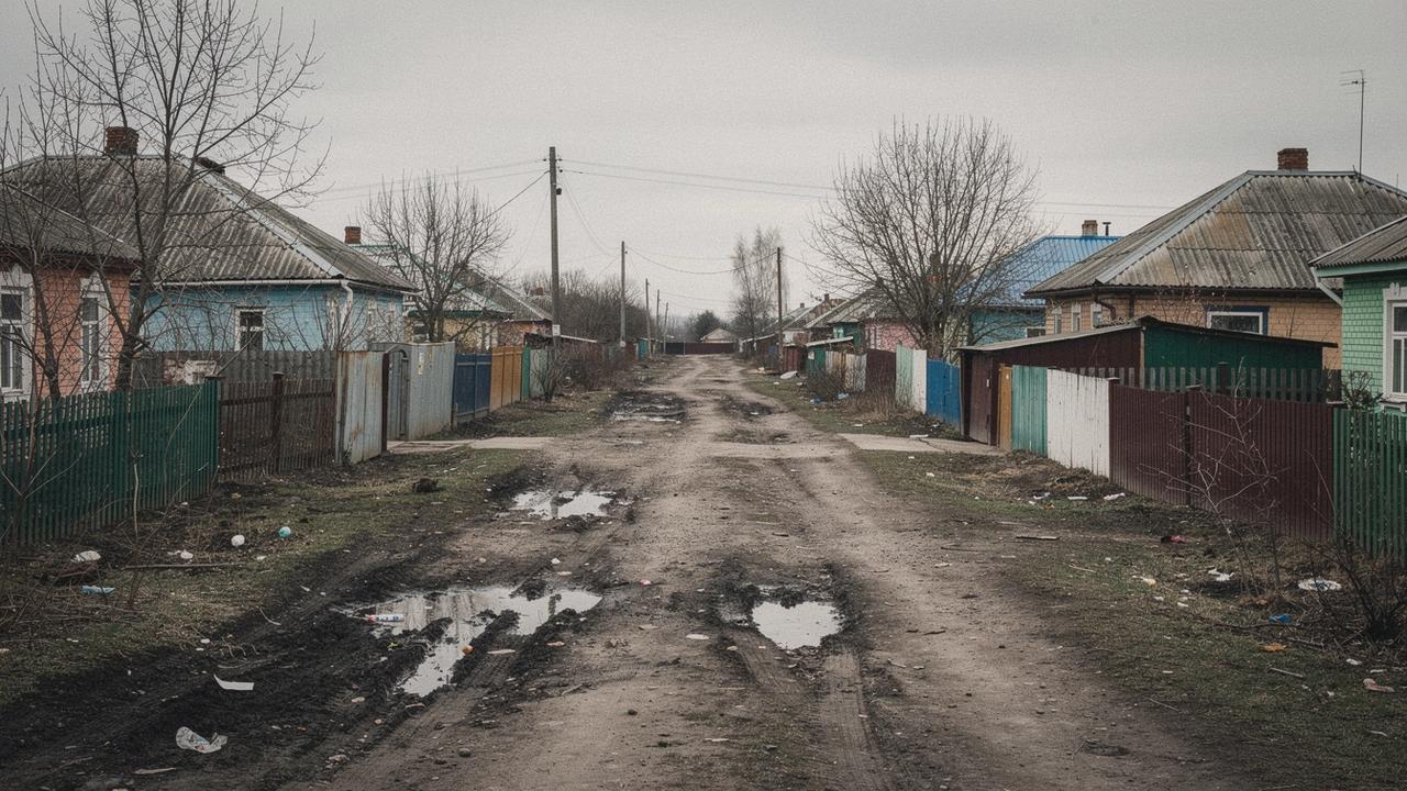 Unpaved lane through a suburban settlement belt near Kyiv, with detached houses behind a fence line